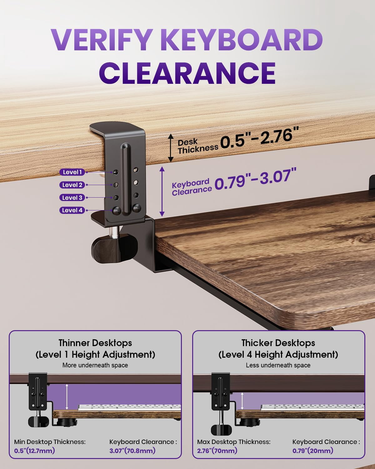 Tray Under Desk  Pull Out With Adjustable C-clamp 25.6 (31.5 Including Clamps) X 11.8 Inch Slide Computer Drawer Mouse For Typing Large & Rustic Brown
