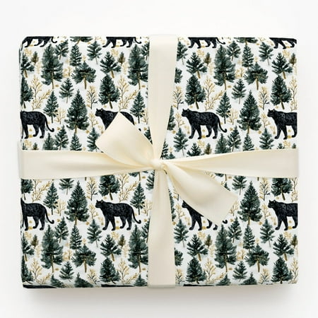 Watercolor Black Panther and Pine Tree Forest Gift Wrapping Paper