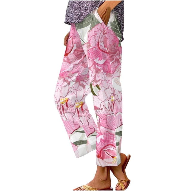 Pantalons de Travail Roses, Pantalons de Travail en Lin pour Femmes, Pantalons de Travail Rétro Imprimés Amples avec Poches Patchwork Décontracté en Coton et Lin