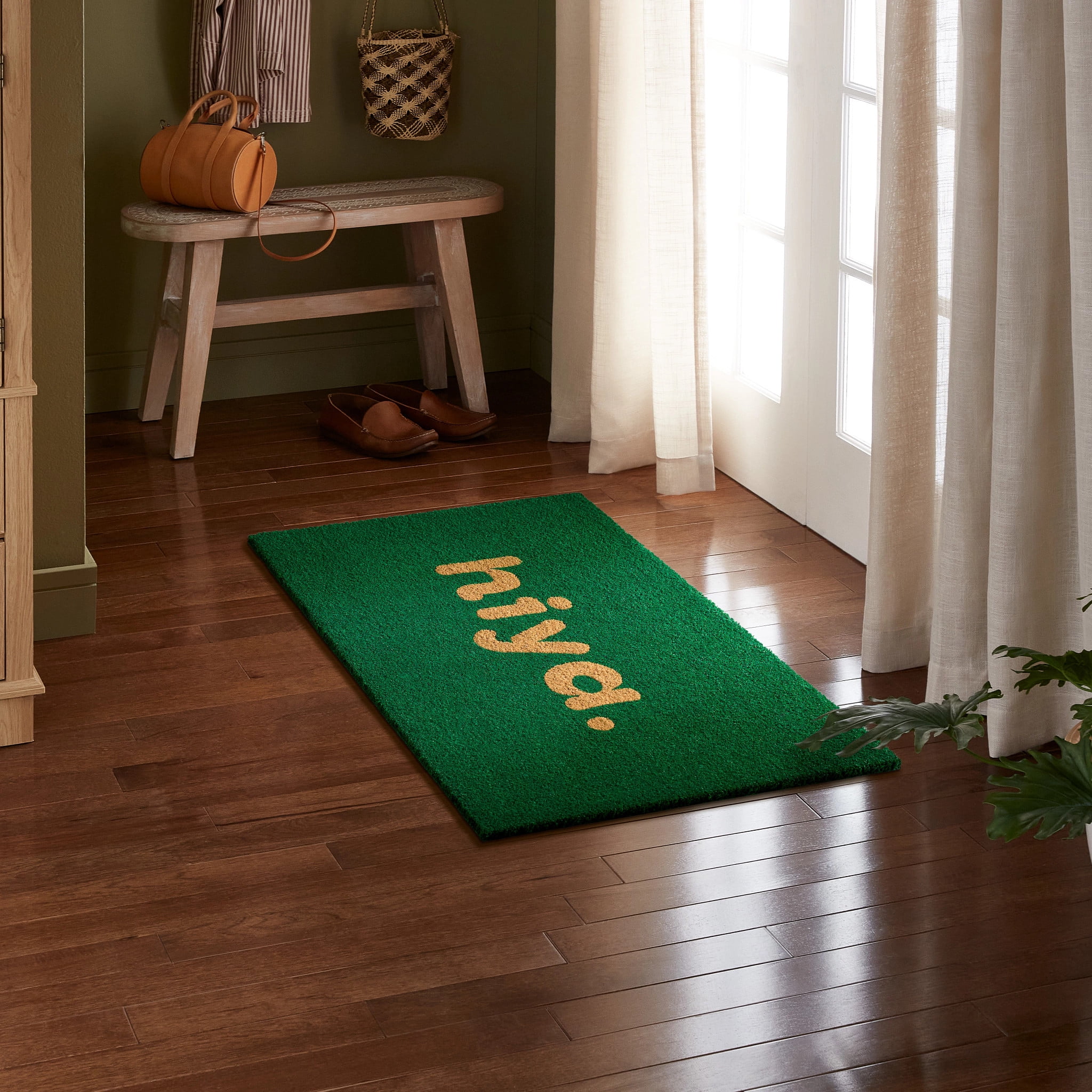 TOWN & COUNTRY TERRA Hiya Painted Welcome Outdoor Door Mat, Natural Coir, Heavyweight, Non-Slip Entryway Mat, Green, 24"x36"