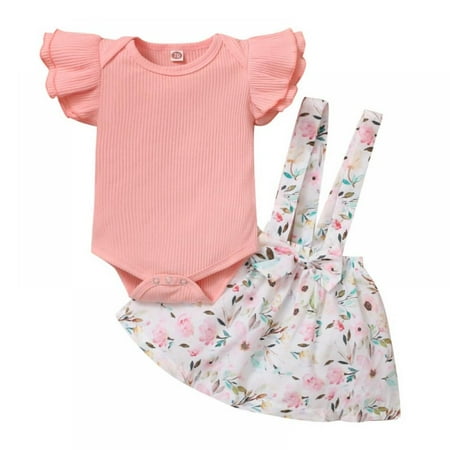 

Baby Girl s Clothes Summer Outfit 0-18 Months Solid Color Flying Sleeve Creeping Suit + Printed Strap Skirt Two Piece Set， SLPUSH