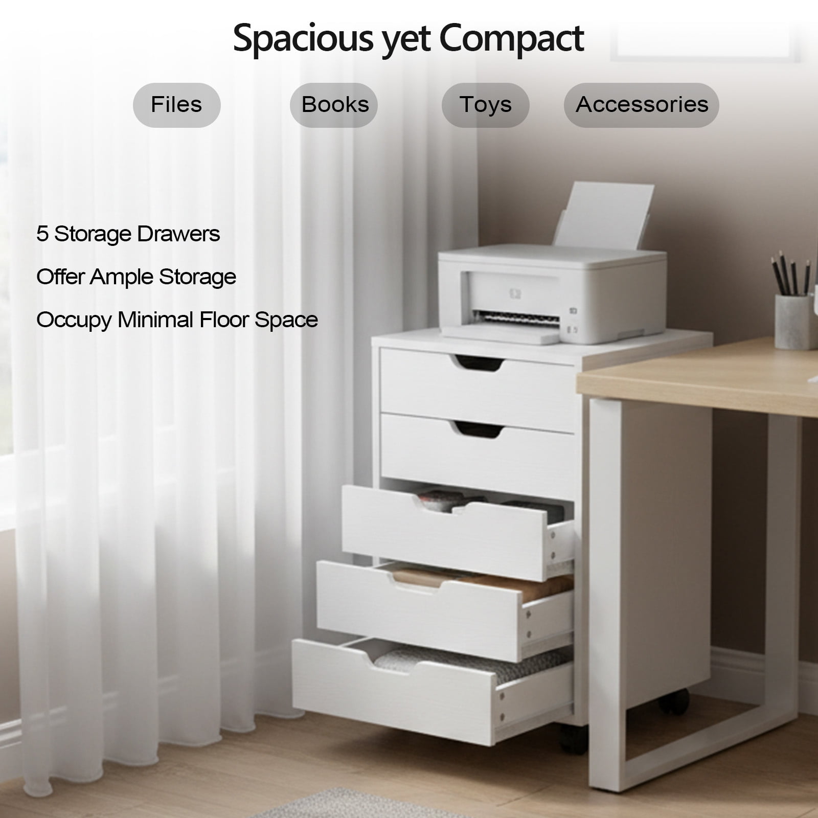 Ktaxon Mobile 5 Drawer File Cabinet Rolling Storage Cart Wood File Cabinet with Wheels, White