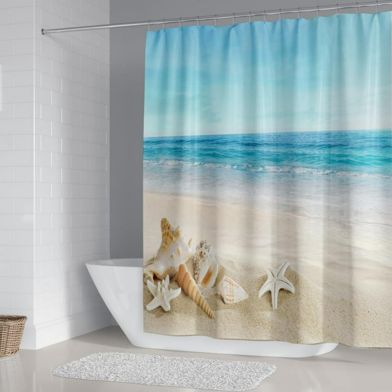 Aosijia 4 Piece Shower Curtain Sets with 12 Hooks Coastal Sea