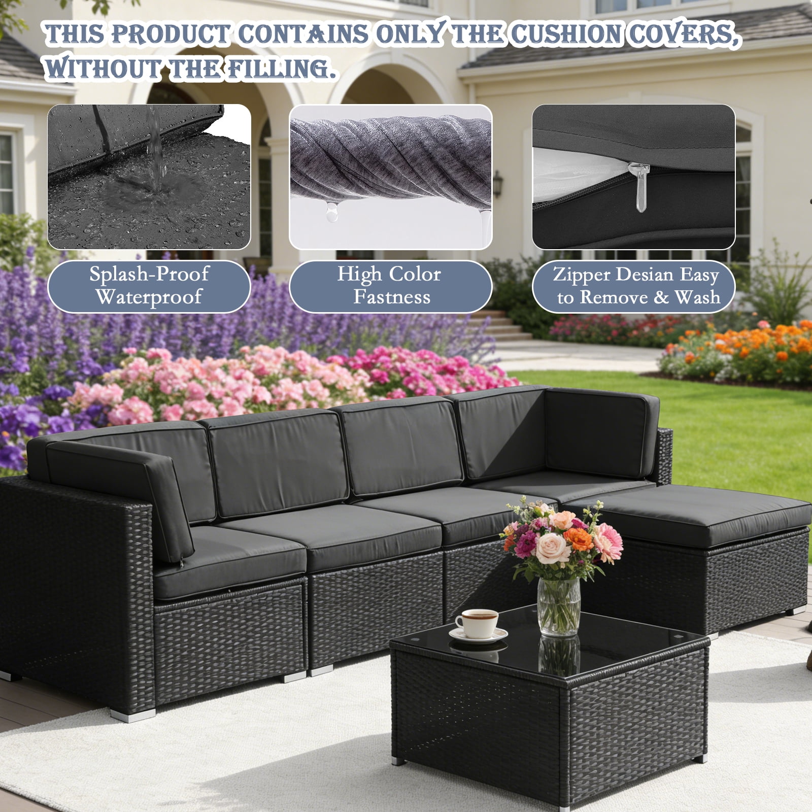 FKS LIFE 11Pcs 25.6"x25.6"x3.9" Patio Cushion Covers Replacement, Waterproof Fade-Resistant Outdoor Slipcovers for Couches Chairs,Dark gray