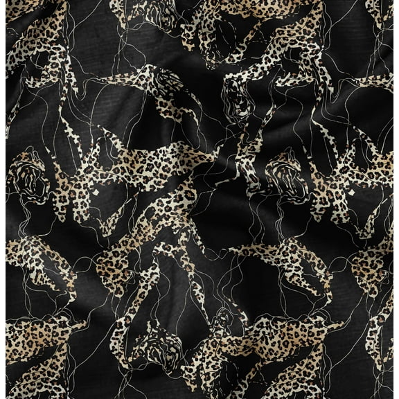 Soimoi Pure Silk Black Fabric By the Yard - 42 Inch Wide -Leopard Animal Skin Print Textile - Stylish and Trendy Patterns for Apparel Printed Fabric