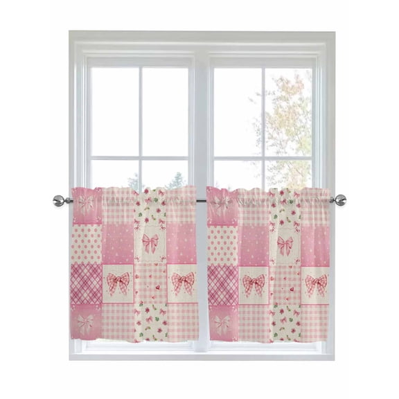 Valentine's Day 2 Panel Kitchen Curtains for Small Windows, Pink Bows Vintage Plaid Romantic Roses Bathroom Tier Curtain, Short Window Treatment for Bedroom/Living Room 55"x36"