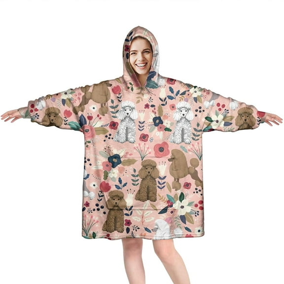 Wearable Oversized Blanket,Poodle and Pioneer Flower Wearable Blanket Hoodie for Adults,Cozy Hooded Blankets with Super Pockets,Super Warm Fuzzy Pullover for Women & Men