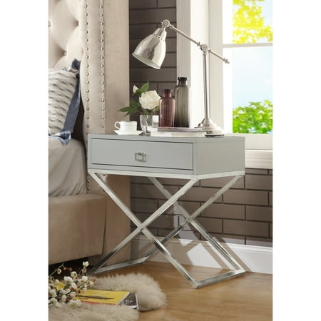 Black Lacquered Wood (Usain Light Grey Lacquer Finish Nightstand - Chrome Legs | Steel Base | Side Table | Modern | by Inspired)