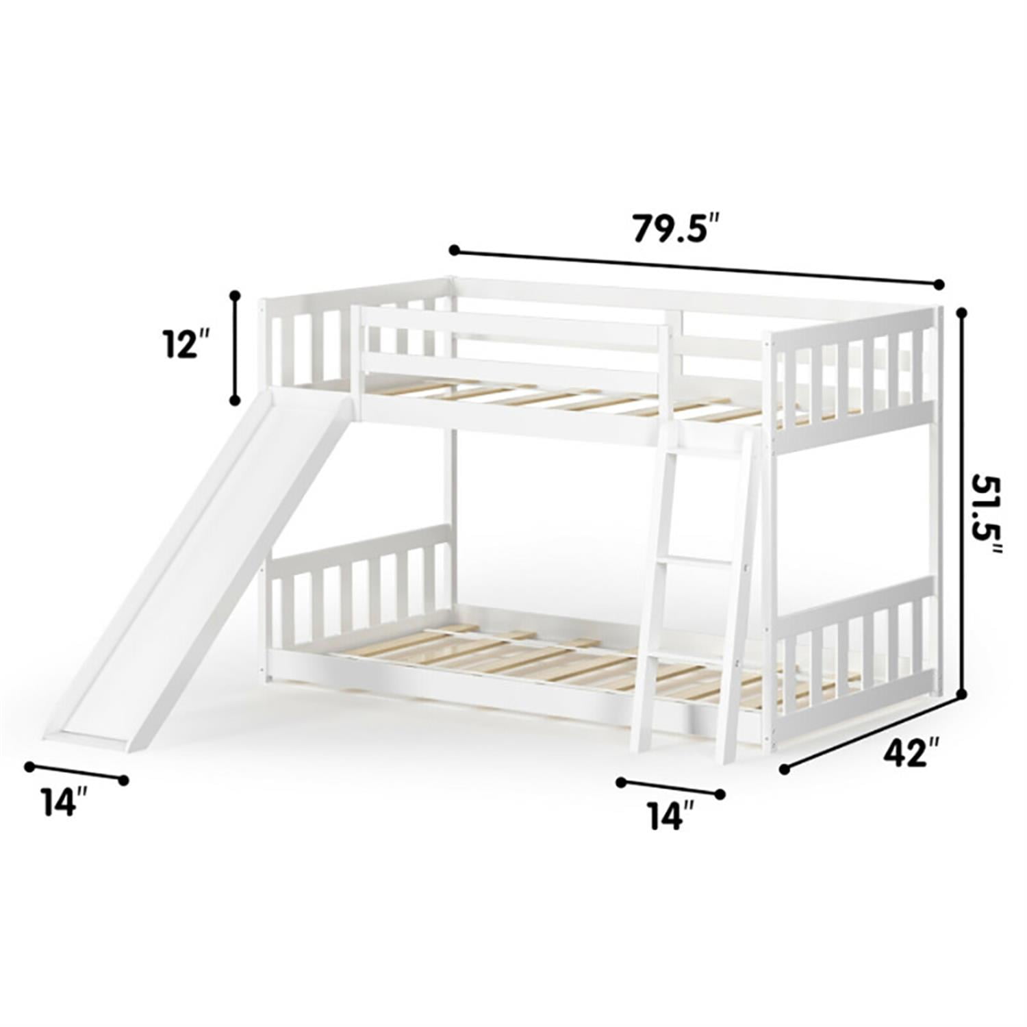 Demi Bonn Twin Over Twin Bunk Bed with High Guardrails and Slide Ladder, Twin Bunk Solid Wood Low Beds, Bed Frame, White
