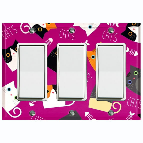 Metal Light Switch Plate Outlet Cover (Cat Fishbone Dark Pink - Triple Rocker)