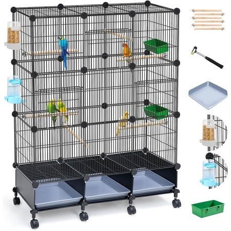 Upgraded Encrypted 46-Inch Bird Cage, with Wooden Perches, Metal Parakeet Cage with Slide-Out Tray, Water Bottle&Feeder, Bird Cages for Parrot,Parakeets,Cockatiel,Lovebird,Small Mid-Sized Birds