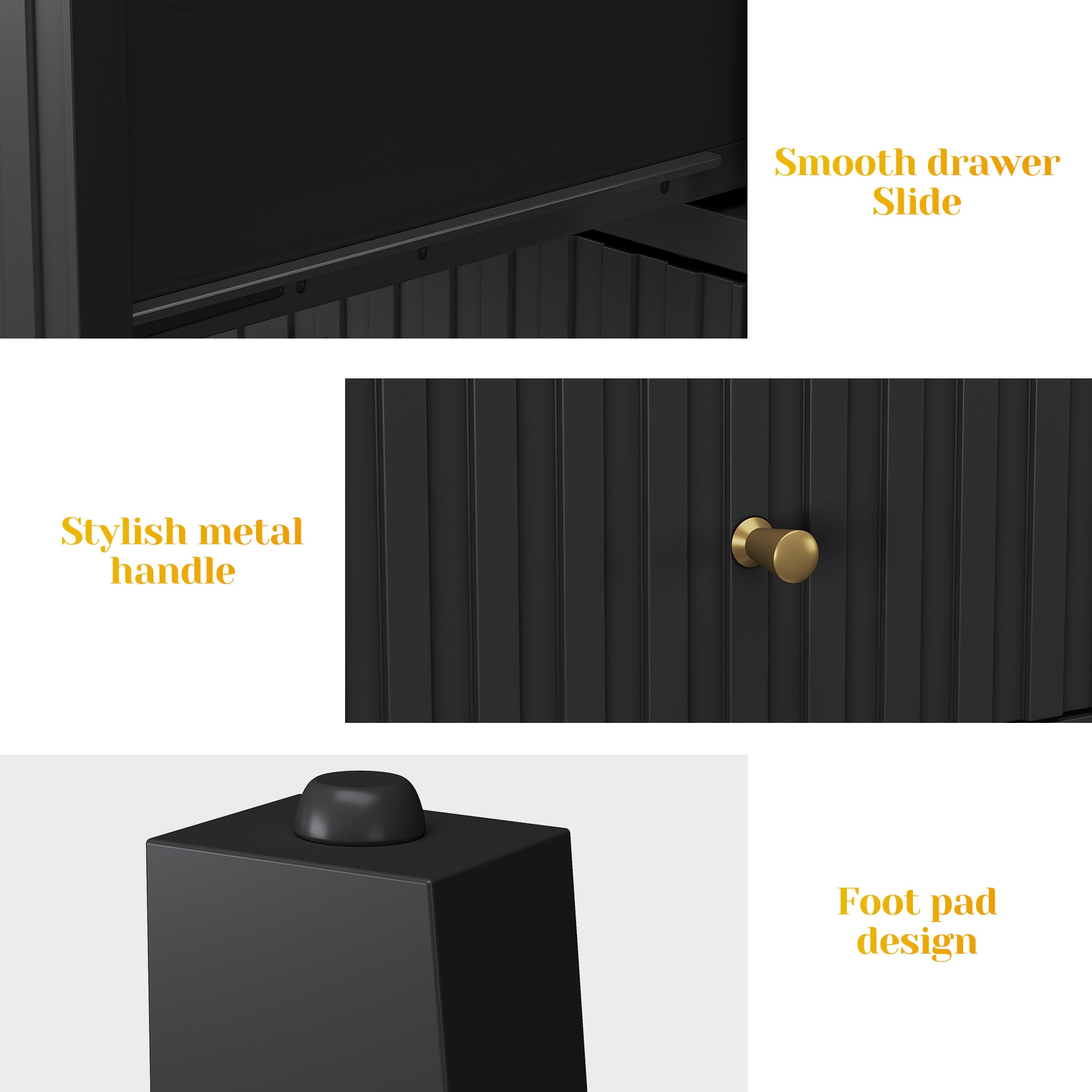 CozyHome Fluted Nightstand Set of 2, Modern Side Table with 2 Drawers and Storage Shelf, for Bedroom, Living Room, Black