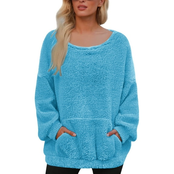 Women's Sweatshirt Fuzzy Plus Size Long Sleeve Crew Neck Pullover Tops with Pocket Solid Color Casual Cozy Soft Winter Fall Womens Sweatshirts Blue M