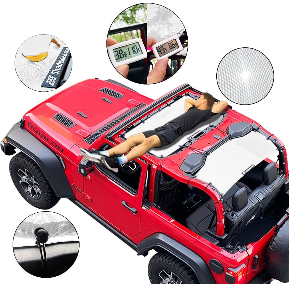 Shadeidea JL Sun Shade for Jeep Wrangler 2 Door Top Sunshade ( 2018 - Current ), Front & Rear - White Mesh Screen Wrangler Cover, UV Blocker with Grab Bag Pouch - 10 Years Warranty