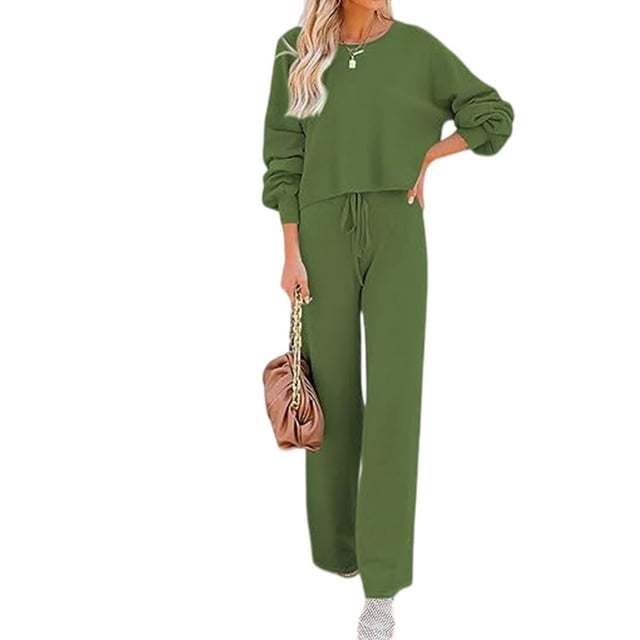 Fashnice Ensembles de Survêtements pour Femmes Col Rond Ensemble de Jogging à Manches Longues Coupe Ample Haut Court Pantalon Grand Vert Armée 2TG