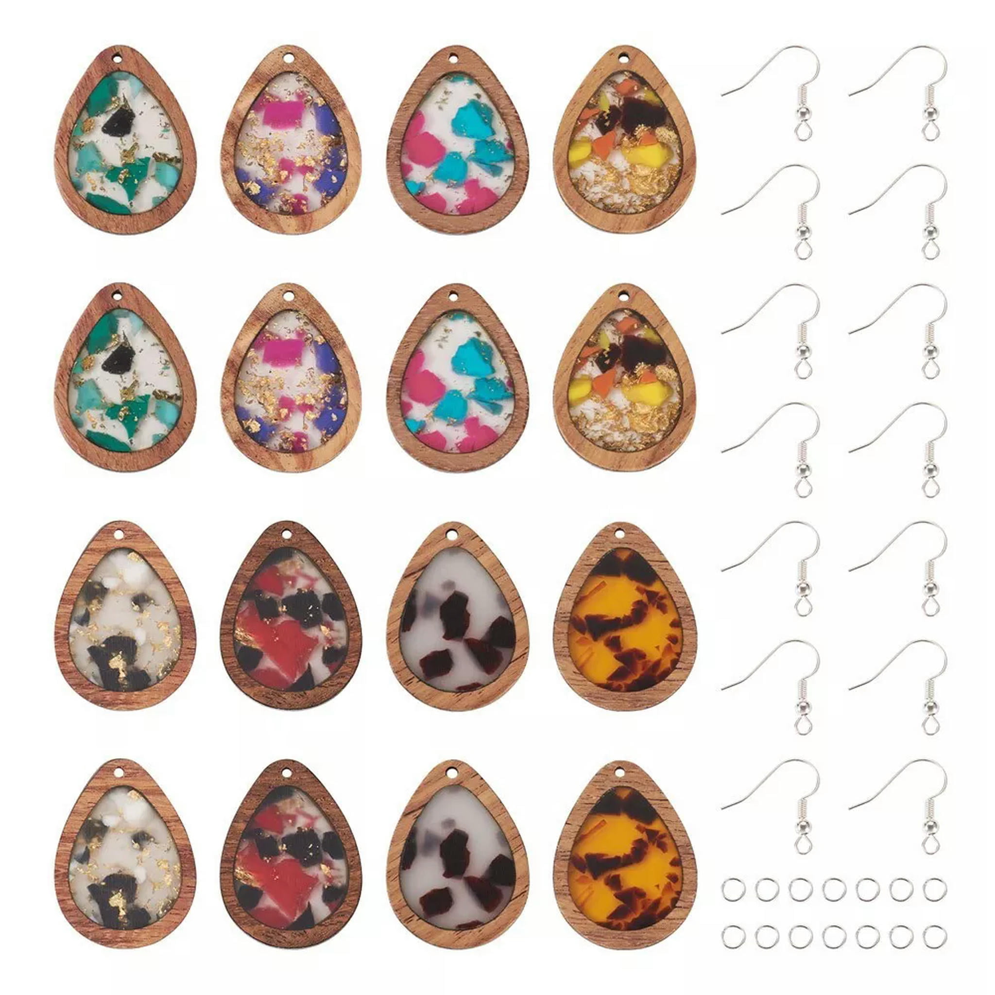 U8MO 16Pcs Teardrop Resin Wood Pendants Brass Earring Hooks DIY Earring Making Kits
