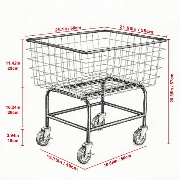 Wire Laundry Cart, 2.8 Bushel Wire Laundry Basket with Wheels, 26.7" x 21.7" x 26.4" Commercial Grade