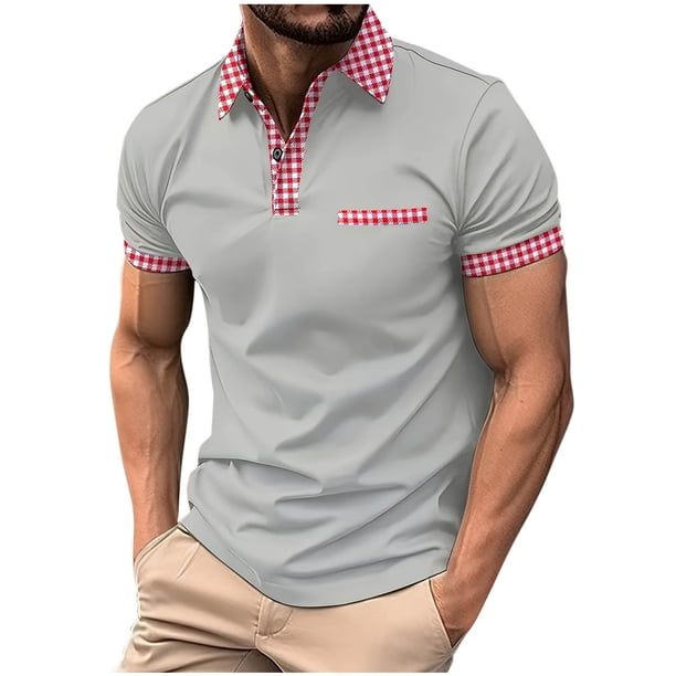 Blusa de Manga Corta de los Hombres Bloque Botones de Color Al Aire Libre Bolsillo Cuello de Vuelta, Mezcla de Rayón Poliéster para Casual Diario