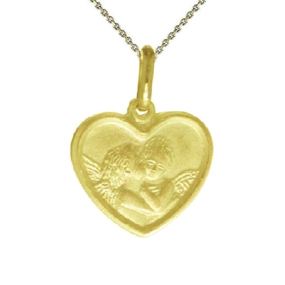 925 Sterling Silver Yellow Gold Plated 1mm Cable Chain Necklace w/ Kissing Angels Heart Pendant Charm