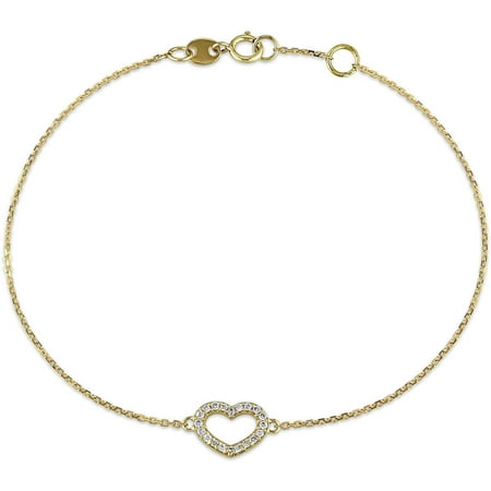 Miabella 1/10 Carat T.W. Diamond 14kt Yellow Gold Heart Charm Bracelet, 7 with 0.5 Extender