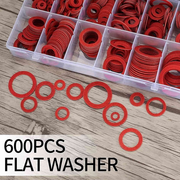 600-Piece Red Paper Washer Assortment Kit - 12 Sizes, Vulcanized Fiber For Electrical Insulation