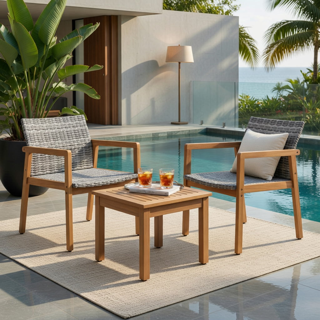 Hommoo 3-Piece Outdoor Patio Furniture Set, PE Rattan Chairs + Acacia Wood Coffee Table, Weather-Resistant, Ideal for Garden, Poolside & Courtyard, Gray & Natural
