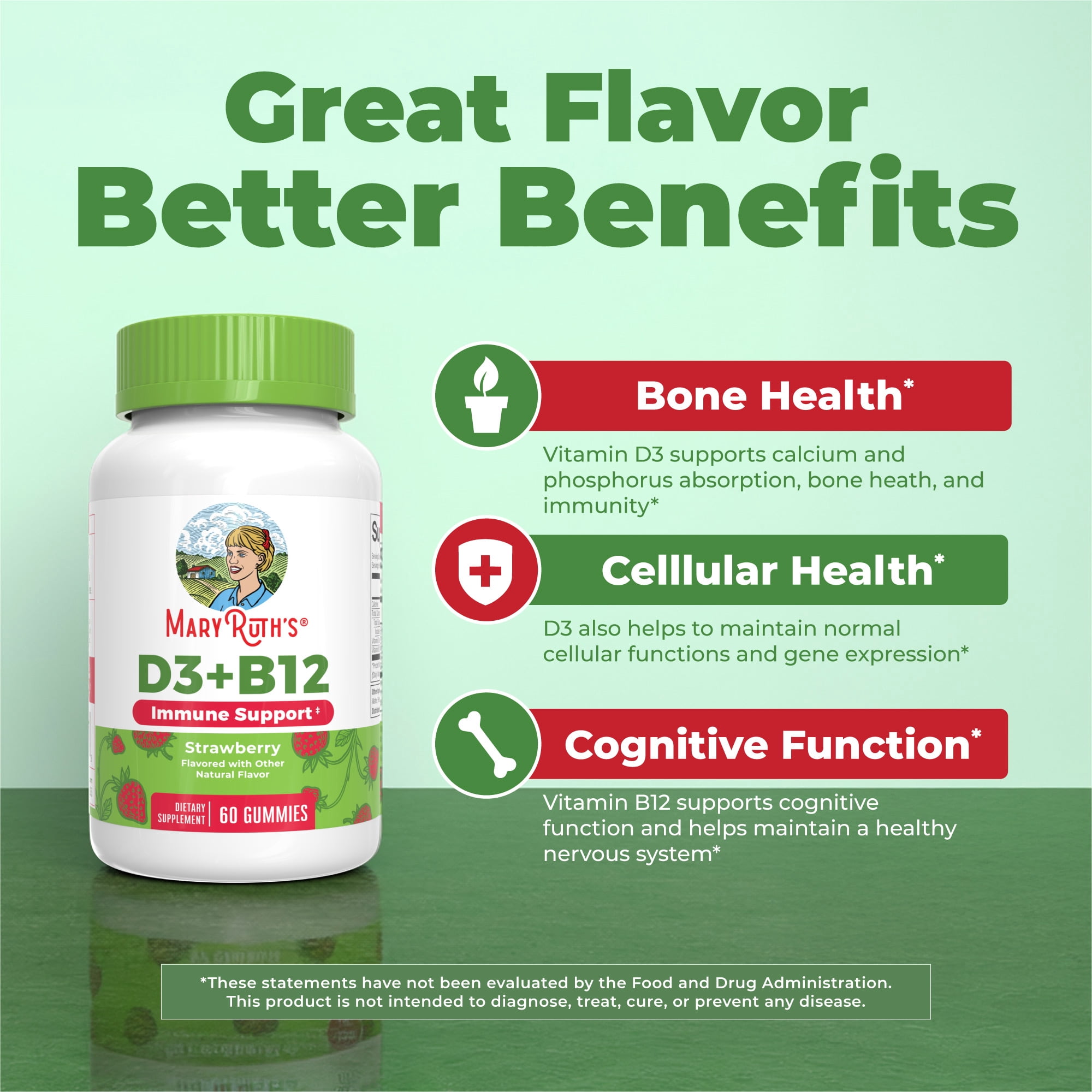 MaryRuth's Vitamin D3 + B12 Gummies Strawberry Flavor, Vegan, Non-GMO, for Adults & Kids, 60 Count