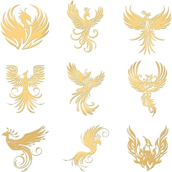 OLYCRAFT 9pcs 1.6x1.6 Inch Phoenix Theme Stickers Fire Phoenix Stamp Stickers Self Adhesive Gold Metal Stickers Fiery Phoenix Metal Stickers for Scrapbooks DIY Crafts Phone Decoration