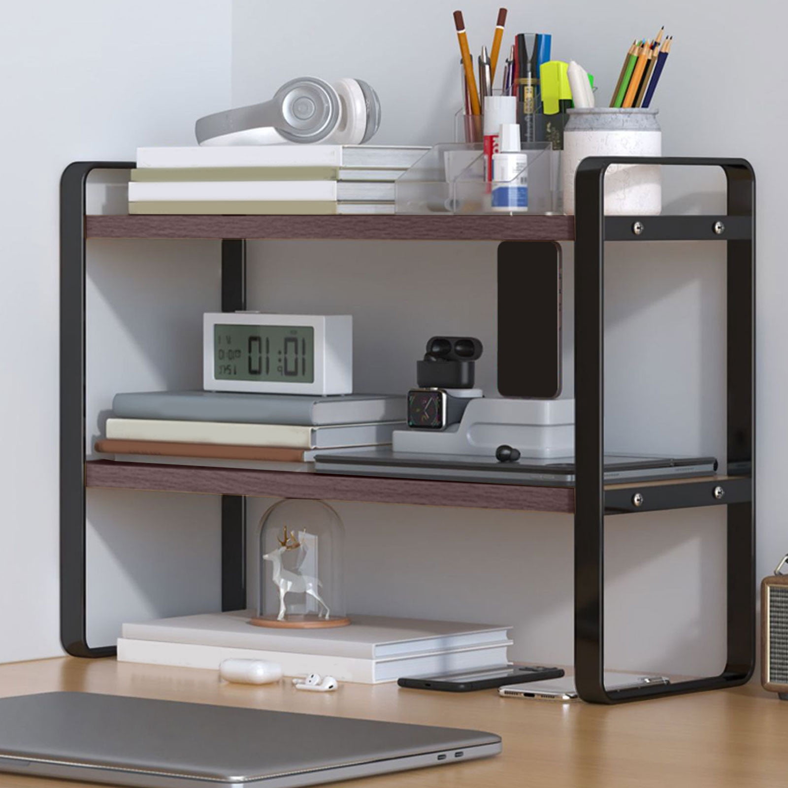 Votnto Double-Tier Desktop Storage Shelf Student Desk Organizer, Office Computer Desk Tiered Shelf for Books Accessories