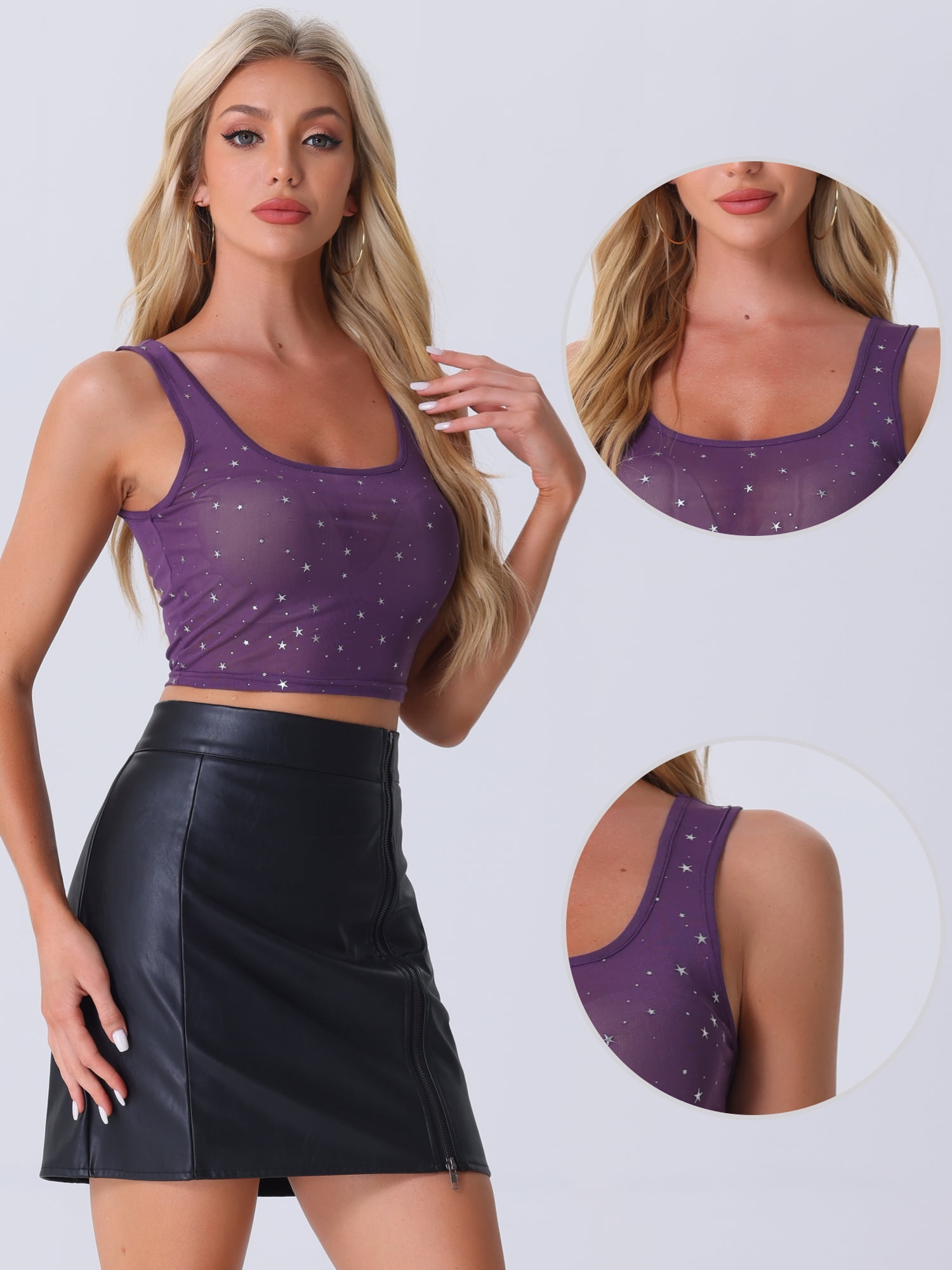 Unique Bargains Mesh Top for Women's Sleeveless Scoop Neck Crop Tops XS Purple