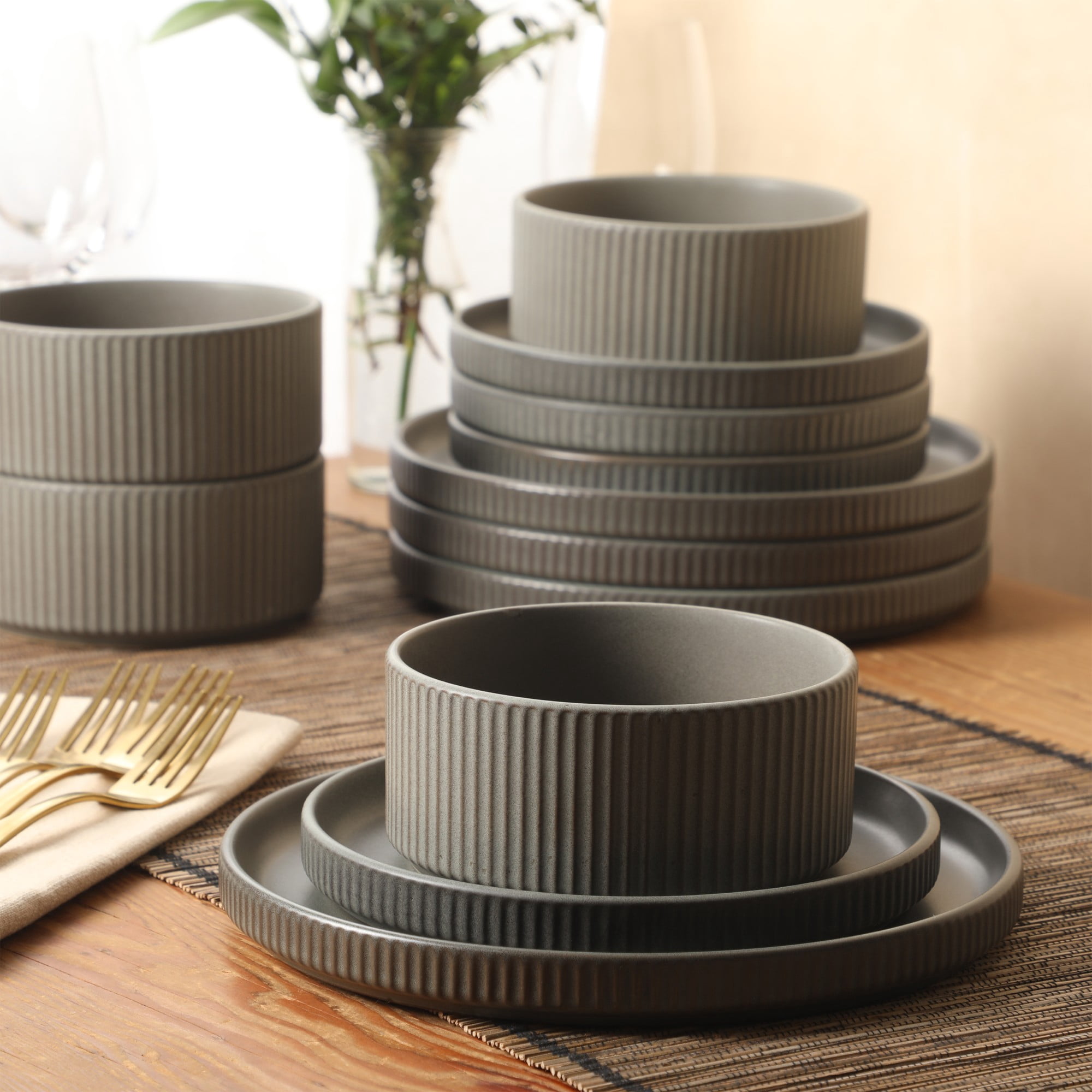 Gibson Elite Townscape Plates and Bowls 12 Piece Dinnerware Set - Grey