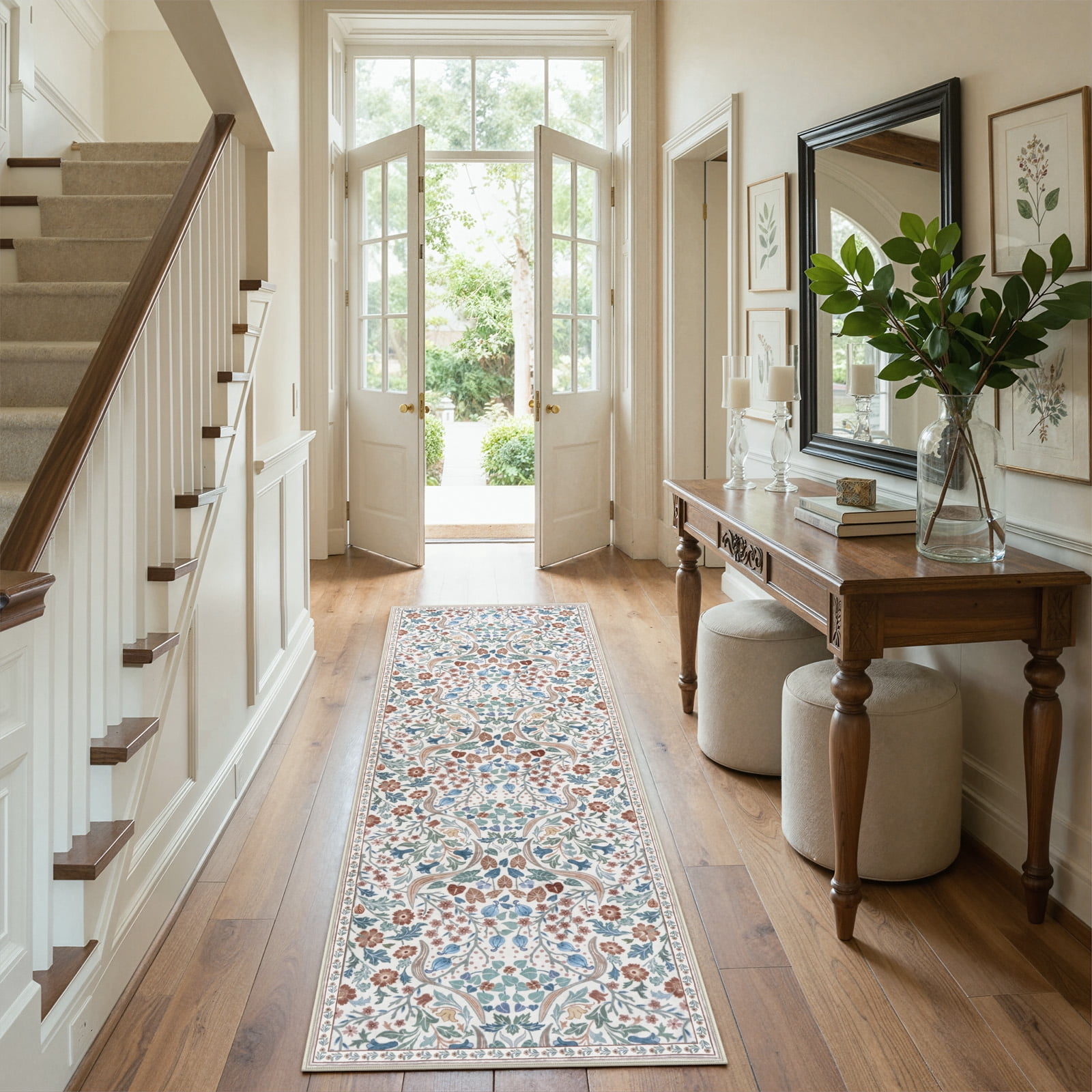Lahome 2'x6' Floral Hallway Runner Rug, 2x6 Kitchen Runner Rug Non Skid Washable, Boho Soft Bathroom Carpet Runner Rug, Ultra Thin Botanical Runners for Laundry Bedroom, Beige