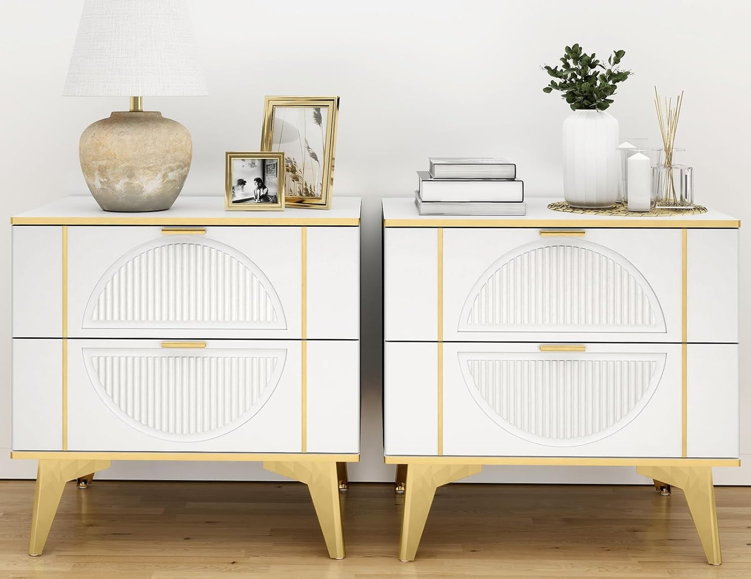 AISWORD Nightstands Set of 2 with Storage, End Table with 2 Drawers, Night Stand with Metal Legs, Farmhouse Sofa/Bed Side Table for Living Room, Bedroom (White)
