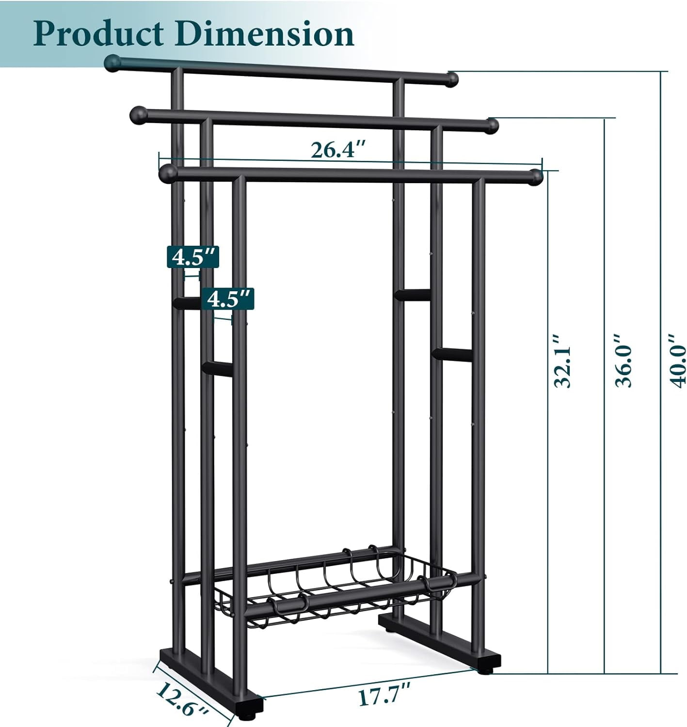 Kayfia 40" H Free Standing Towel Rack, 3 Tier Alloy Steel Towel Rack Stand with Basket