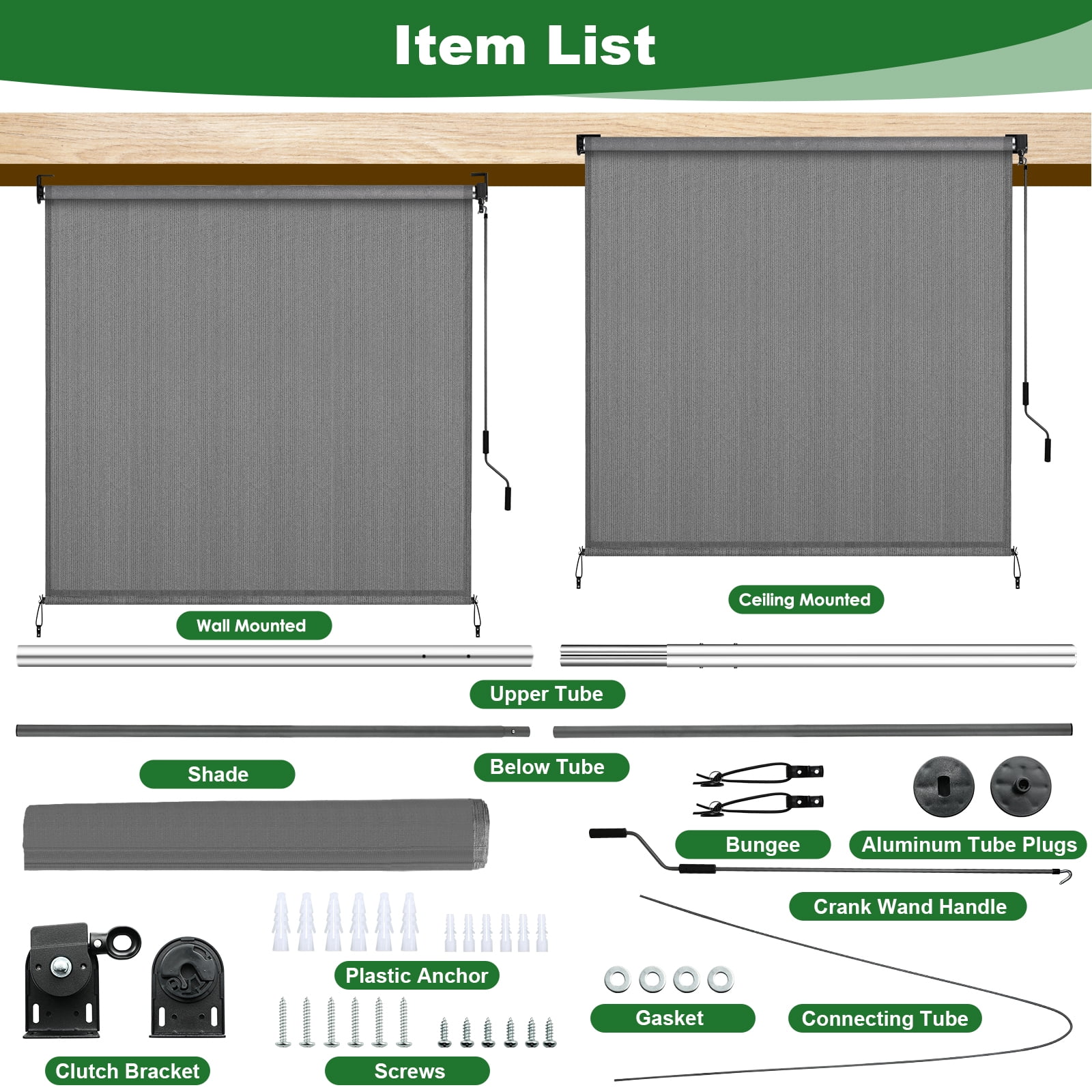 LIFERUN Outdoor Roller Sun Shade 8'W x 8'H, HDPE Shade Cloth & Aluminum Tube, Easy Install for Outdoor Pergola, Porch, and Garden (Gray)