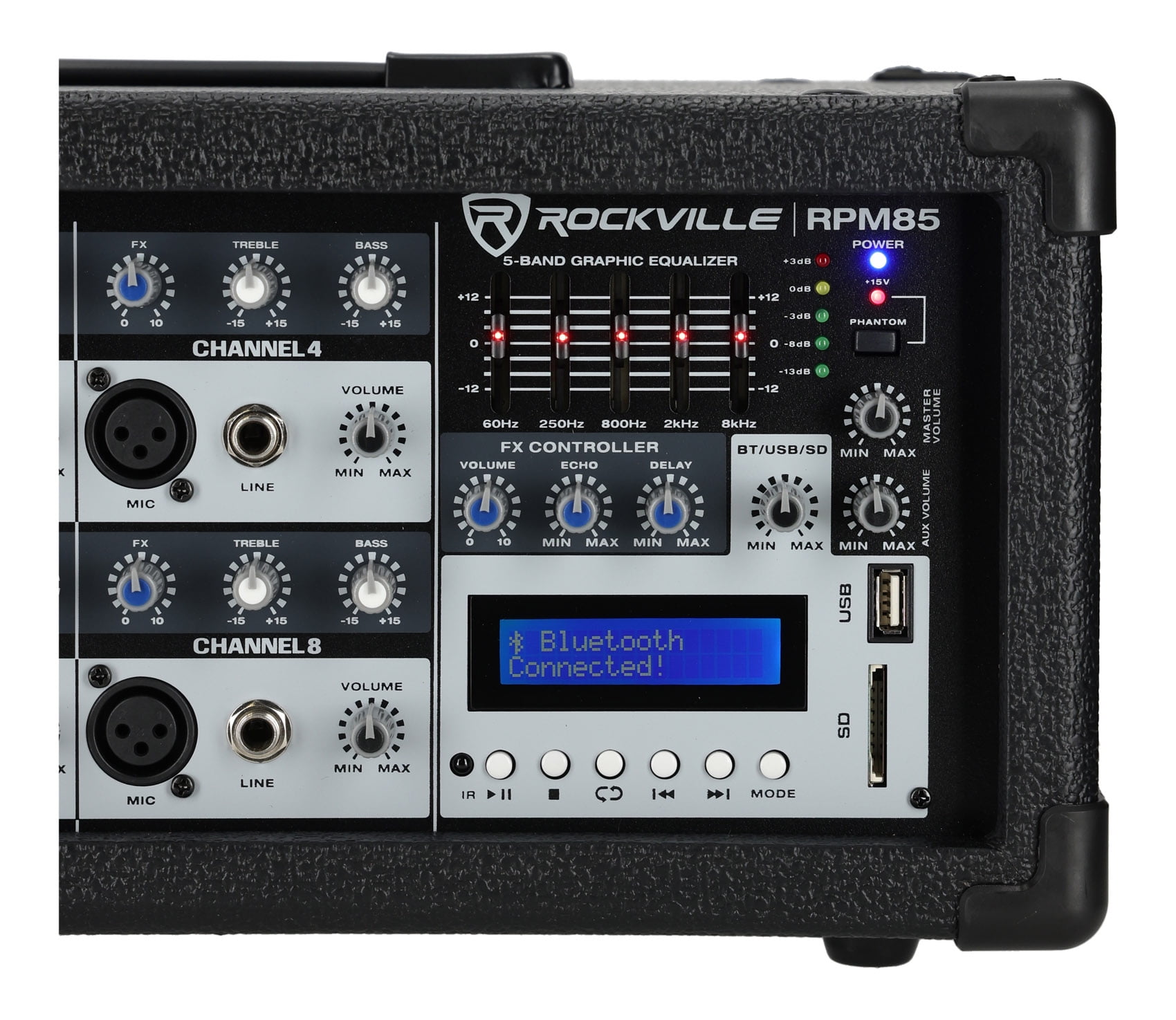 Rockville RPM85 2400W Powered 8 Channel Mixer, Bluetooth, USB/SD, 5 Band EQ, Adjustable Echo/Delay, +15V Phantom Power, for Live Music and Events