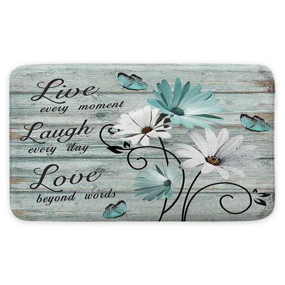 Teal Flower Bath Mats for Bathroom, Rustic Farmhouse Floral Bath MatDoor Mats, Old Country Wooden Home Hotels Machine Washable Flannel Bath Rugs, 17 X 29 Inches