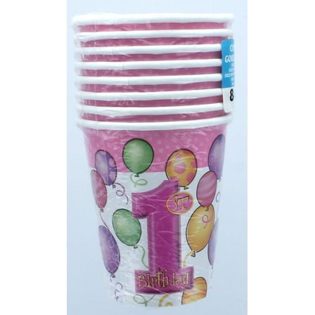 9oz Paper Pink Balloons 1st Birthday Cups, 8ct