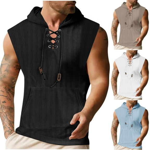 Men's Tank Tops Summer Fashion Thin Casual Hooded Solid Color Round Neck Loose Fit Shirt Sleeveless Tank Tops Workout Gym Shirts