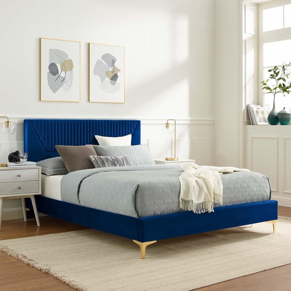 Modway Yasmine Channel Tufted Velvet Twin Platform Bed in Navy Finish