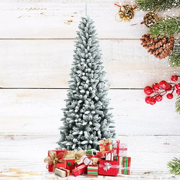 7.5FT Snow Flocked Artificial Xmas Pencil Tree, Hinged Slim Christmas Tree W/ 1189 PE & PVC Tips, Folding Metal Base, Space-Saving Design, Snowy Realistic Unlit Festival Tree for Holiday Décor