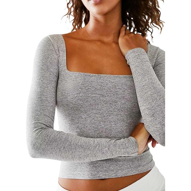 Women's Sexy Long Sleeve Square Neck Basic Slim Fitted Ribbed Knit Tee Shirts Crop Tops