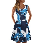 BVnarty Women's Trendy Swing Flowy A-Line Dress Clearance Floral Printing Dresses for Women 2023 Work Sleeveless Scoop Neck Knee Length Dress Casual Summer Dress Beach Blue XXL