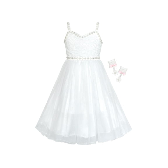 Flower Girl Dress Off White Rhinestone Gloves Wedding Party 6 Years