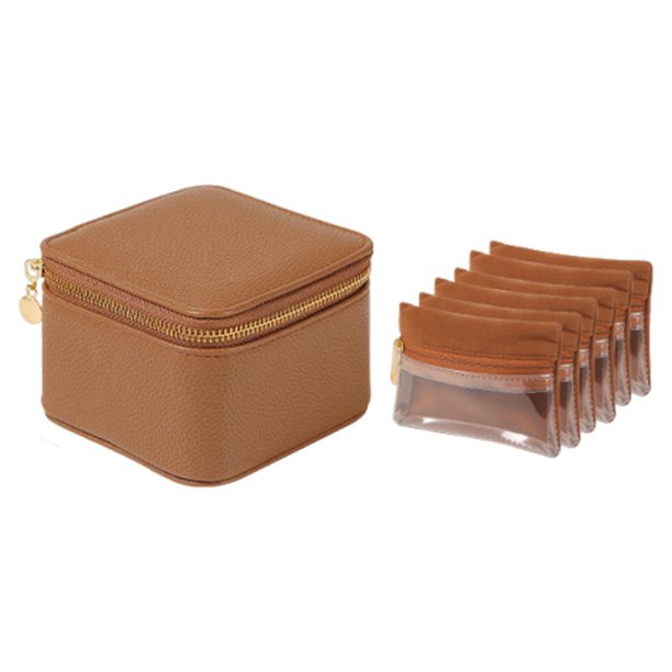 Estuche de viaje para joyas, interior suave, organizador de joyas para dijes, anillos y brazaletes. Marrón