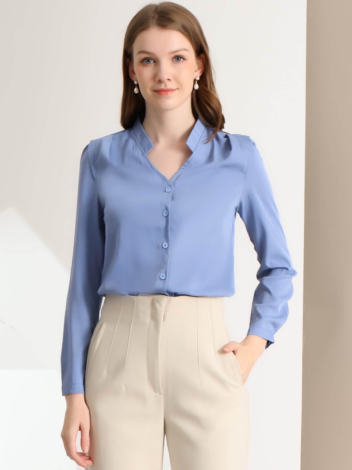 DARING DIVA Women's Elegant V Neck Long Sleeves Button Down Shirt L Blue