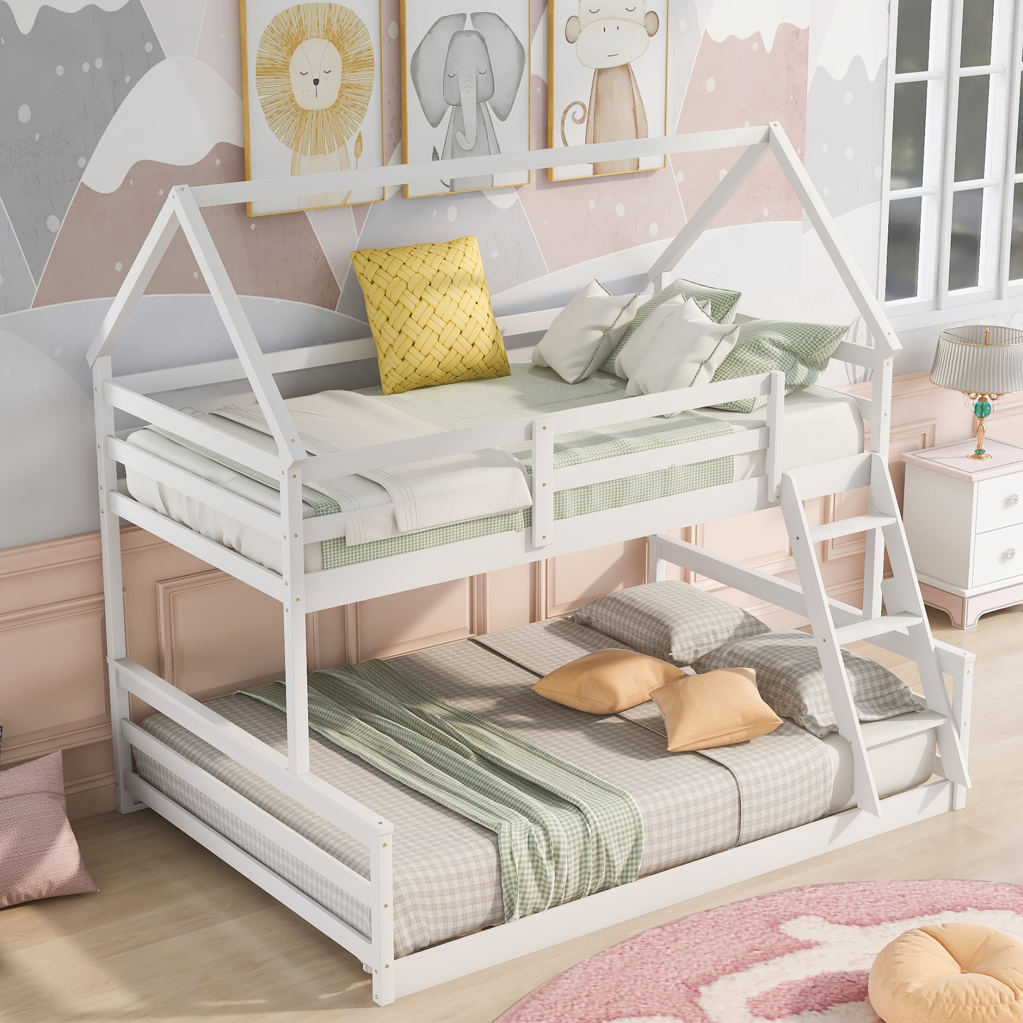 Aukfa Twin over Full Bunk Bed, Solid Wood House Bunk Bed for Kids - White