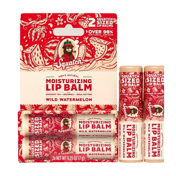 Dr. Squatch Moisturizing Lip Balms, Natural Lip Moisturizer Butter for Men Lip Care, Wild Watermelon, 0.25 Oz, 2 Pack