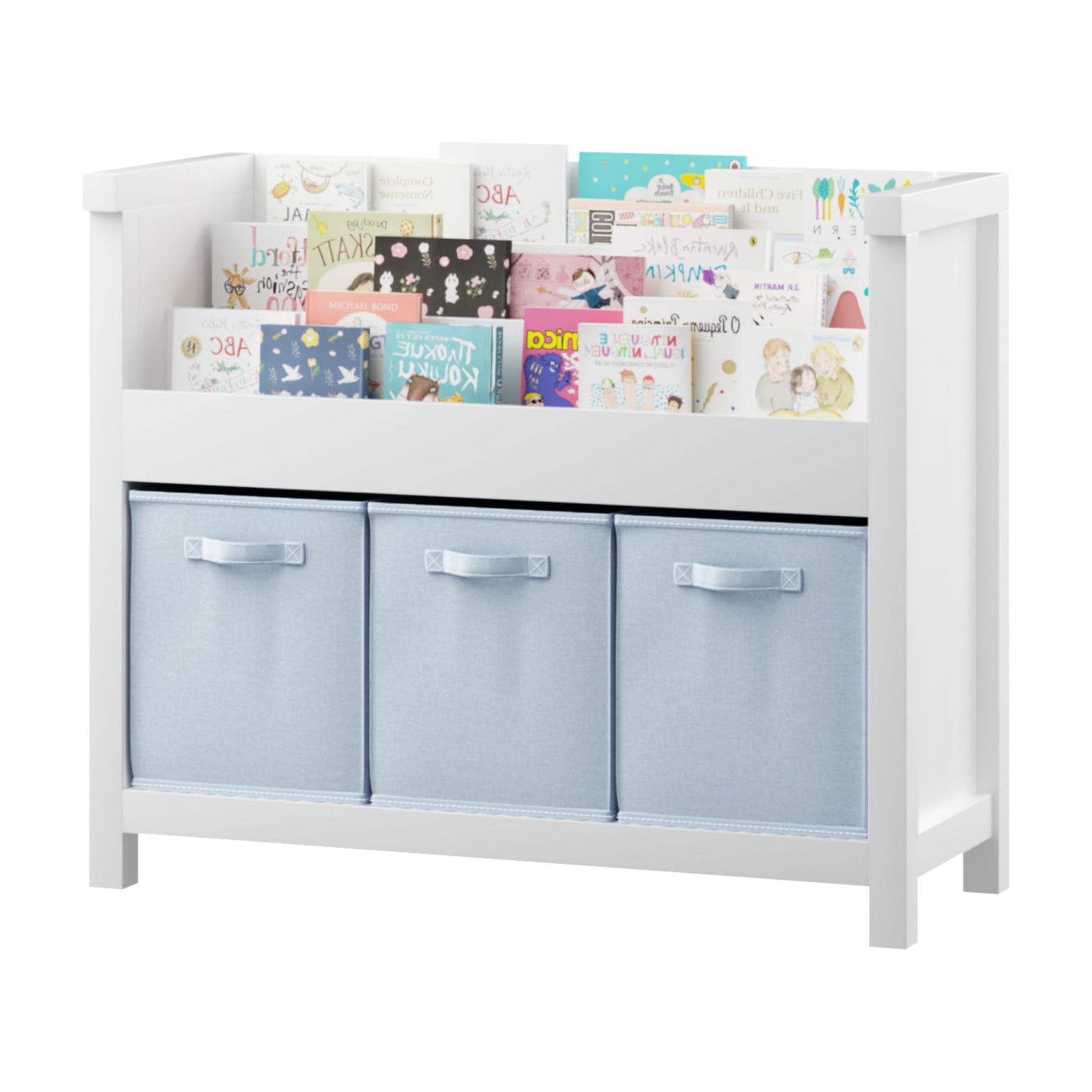 Noble House 35.43" Kids Bookshelf with 3 Tier Front-Facing Shelves and 3 Fabric Bins, Wooden Book Organizer, White
