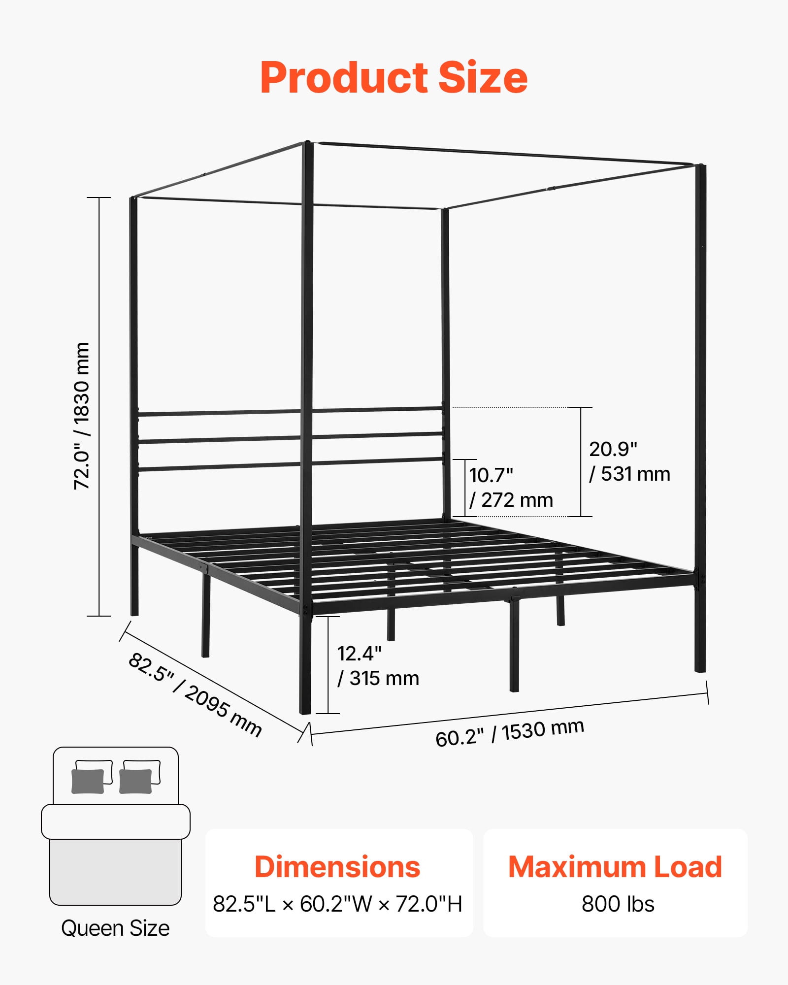 VEVOR Queen Size Canopy Bed Frame, Metal Canopy Bed with Four Posters Design, Heavy Duty Steel Slats Support, Underbed Storage Space, No Box Spring Needed, Easy Assembly, Black